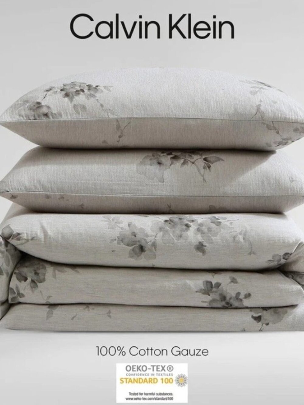 Calvin Klein Aquarelle Floral Cotton Melange Gauze Grey KING Duvet & Shams Set